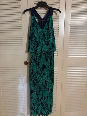 Banana Republic Green Leaf Print Maxi Dress with Navy Straps